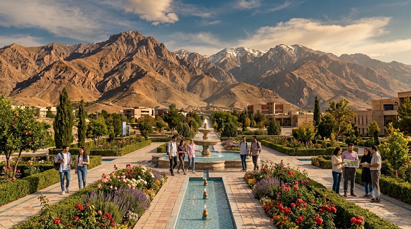 University campus with students, gardens and mountains